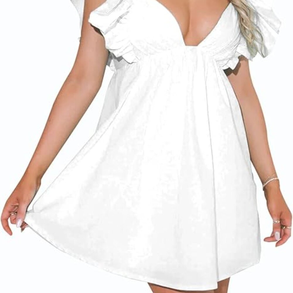 Womens Sexy Deep V Neck Ruffle Sleeve Mini Dress - Picture 2 of 6